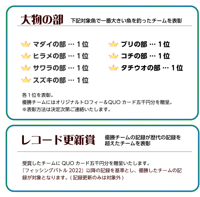 大物の部：マダイ、サワラ、ブリ、ヒラメ、コチ、タチウオ、スズキの計部門で競います。さらに歴代の記録を更新したチームへのレコード更新賞も！