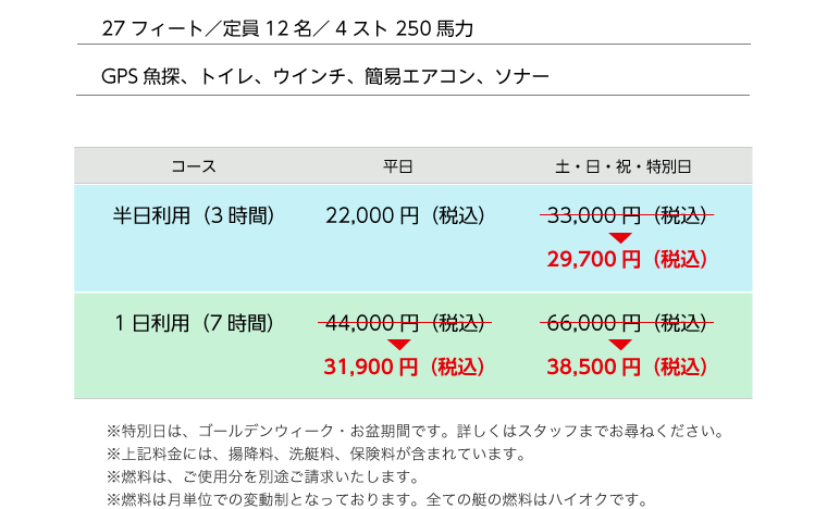 ヤマハYF27EX レンタル料金を値下げ 1日利用（土日祝特別日）66000円を38500円に。